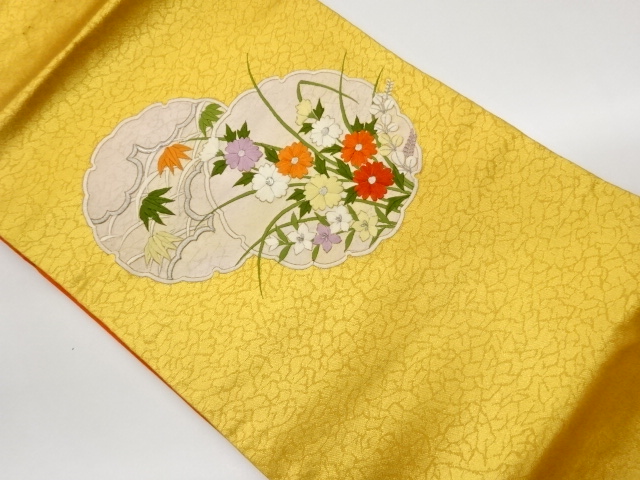 雪輪に花々・笹模様刺繍名古屋帯